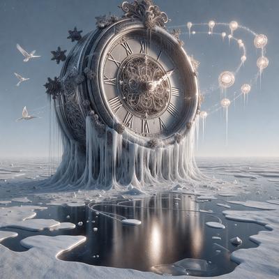 The primary subject of the image is a large, ornate clock with a frozen, icy appearance. The clock is surrounded by a frozen landscape, which includes a frozen lake and a frozen bird. The setting is a wintery environment, with the clock tower standing out as the main focal point. The visual style of the image is digital art, with the clock and its surroundings depicted in a detailed and intricate manner. The colors and mood of the image are predominantly cold and icy,